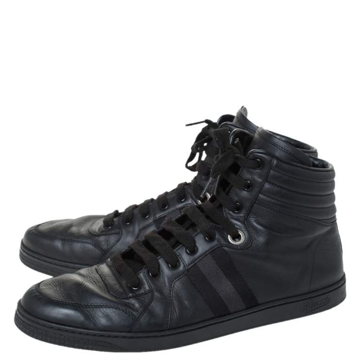 Pre Owned Gucci Black Leather Viaggio Web Detail High Top Sneakers Size 45