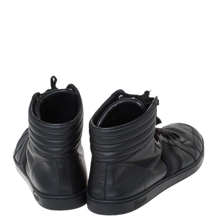Pre Owned Gucci Black Leather Viaggio Web Detail High Top Sneakers Size 45