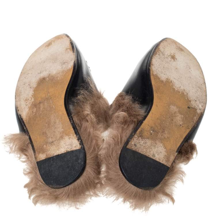 Pre Owned Gucci Black Tiger Embroidered Leather and Fur Lined Princetown Mules Size 40