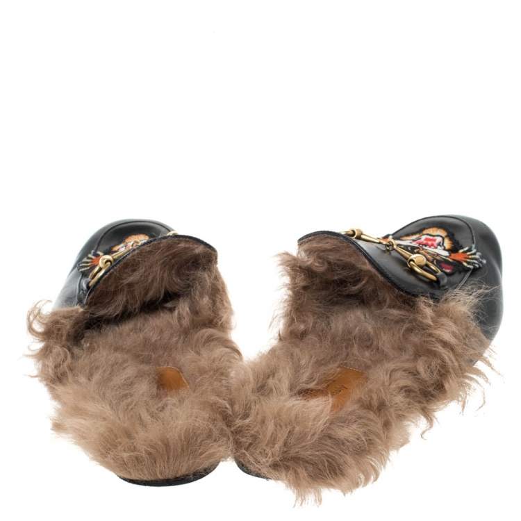 Pre Owned Gucci Black Tiger Embroidered Leather and Fur Lined Princetown Mules Size 40