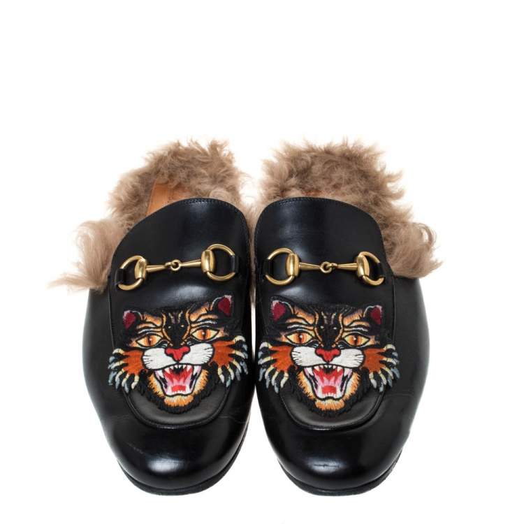 Pre Owned Gucci Black Tiger Embroidered Leather and Fur Lined Princetown Mules Size 40