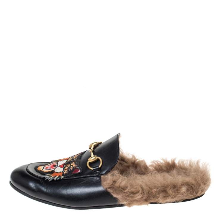 Gucci Black Embroidered Leather and Fur Princetown Mules Size 40 Gucci | TLC