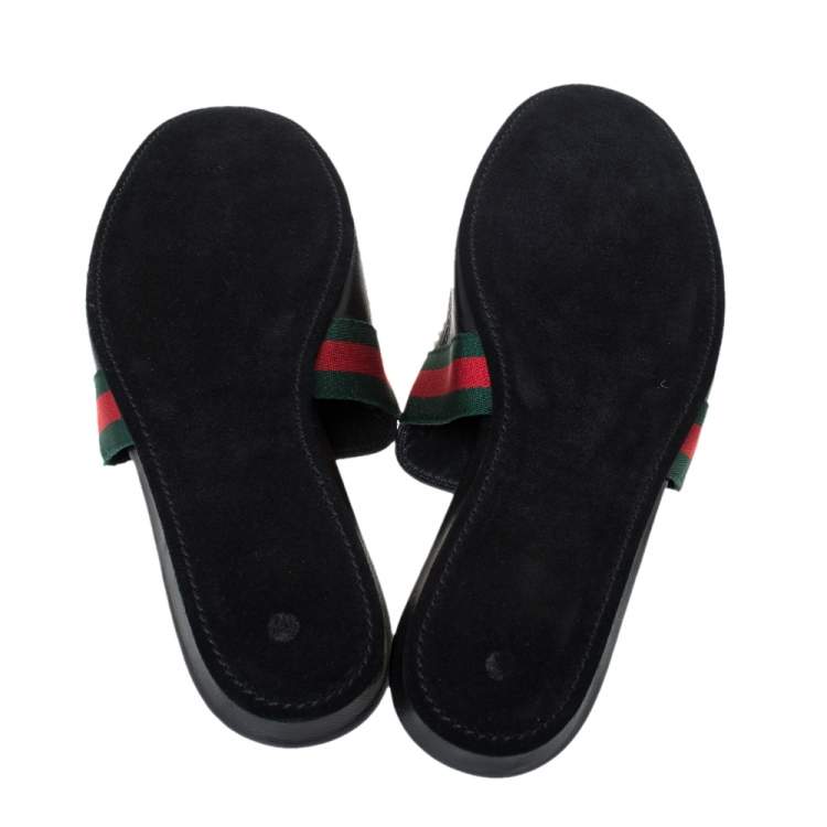 Pre Owned Gucci Black Leather Horsebit Web Flat Slide Size 42
