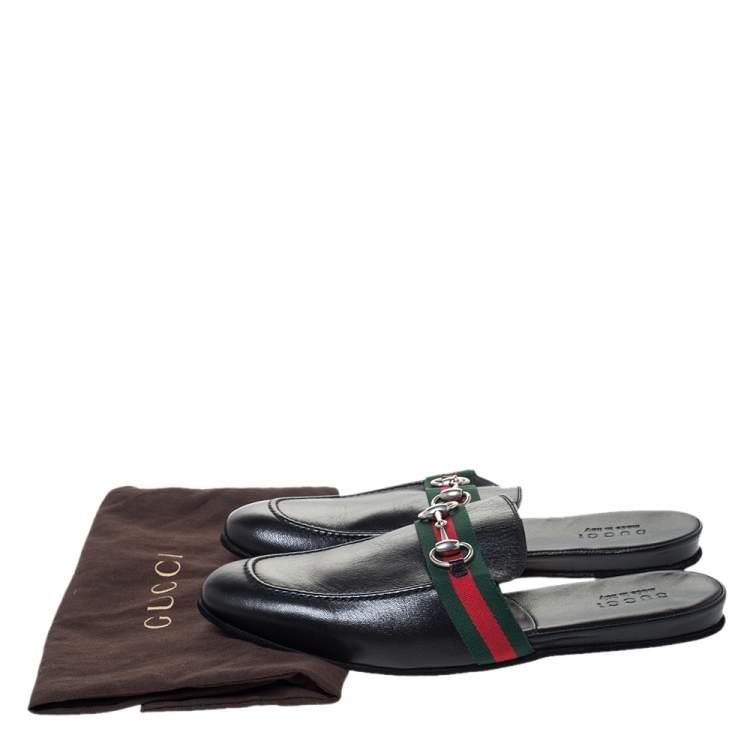 Pre Owned Gucci Black Leather Horsebit Web Flat Slide Size 42