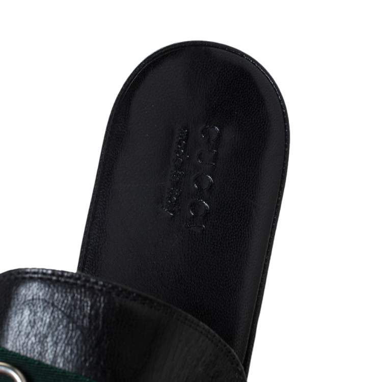 Pre Owned Gucci Black Leather Horsebit Web Flat Slide Size 42