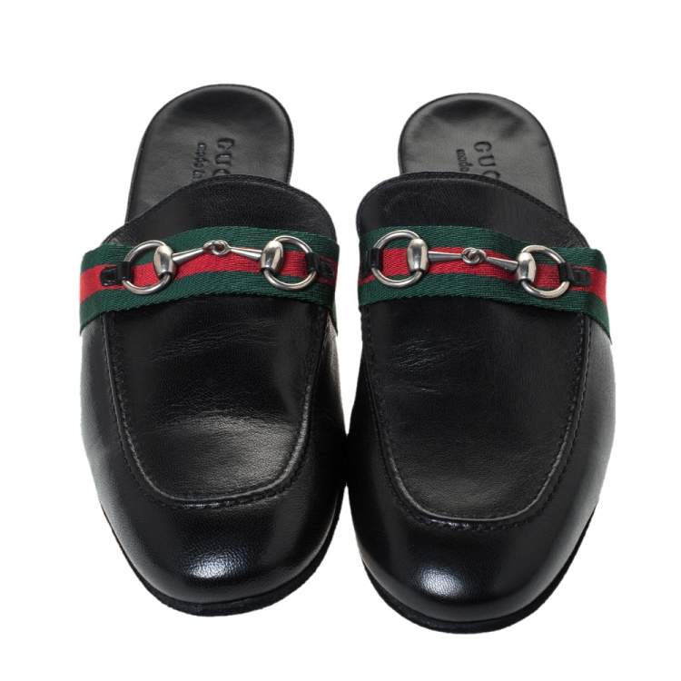 Pre Owned Gucci Black Leather Horsebit Web Flat Slide Size 42