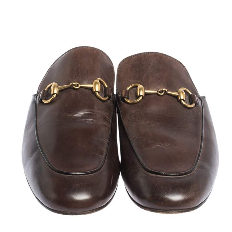 Pre Owned Gucci Dark Brown Leather Princetown Horsebit Mules Size 42