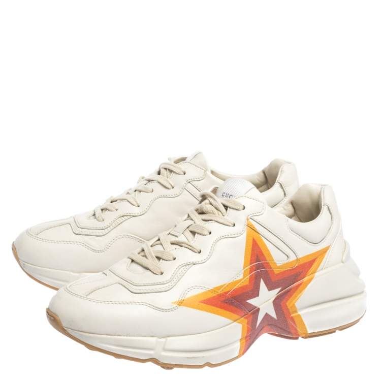 Pre Owned Gucci White Leather Rhyton Logo Lace Sneakers Size 41