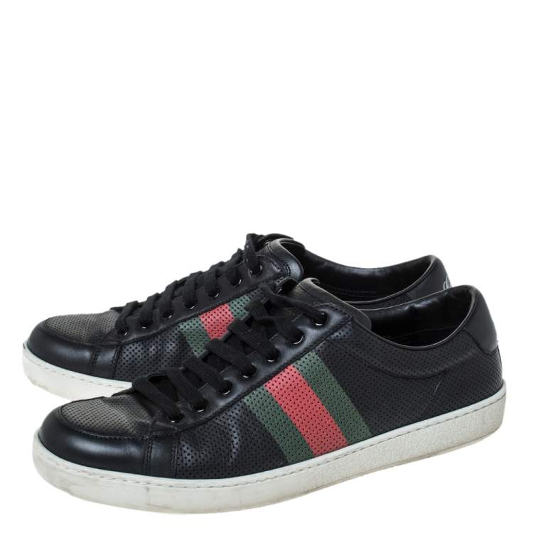 Pre Owned Gucci Black Perforated Leather Web Detail Low Top Sneakers Size 42.5