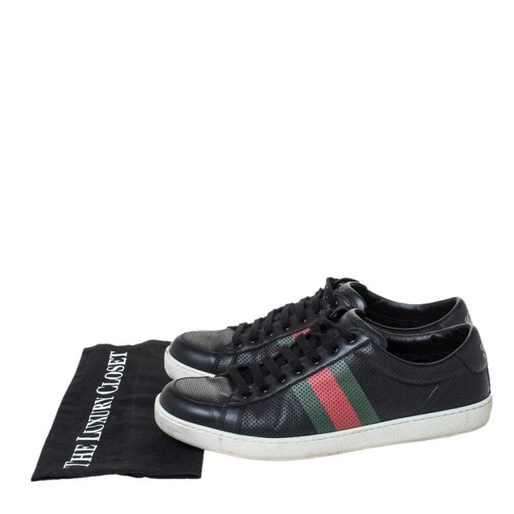 Pre Owned Gucci Black Perforated Leather Web Detail Low Top Sneakers Size 42.5