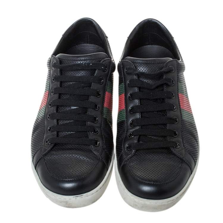 Pre Owned Gucci Black Perforated Leather Web Detail Low Top Sneakers Size 42.5