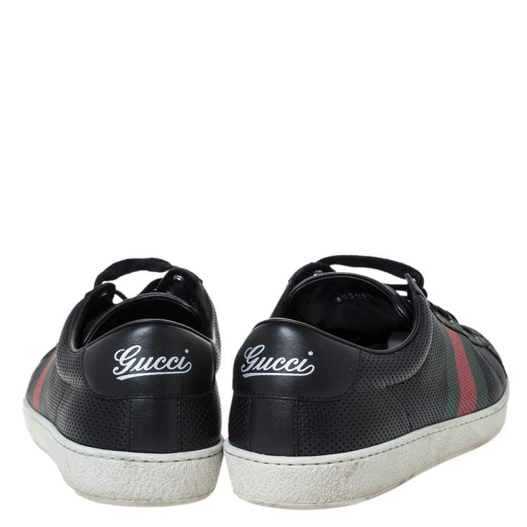 Pre Owned Gucci Black Perforated Leather Web Detail Low Top Sneakers Size 42.5
