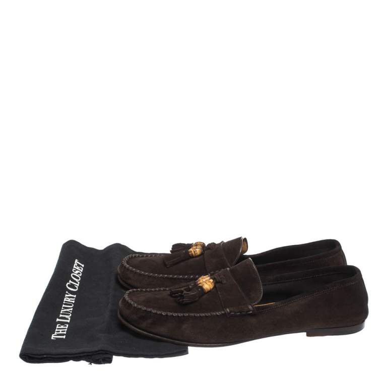 Pre Owned Gucci Brown Suede Leather Bamboo Tassel Slip On Loafers Size 43.5