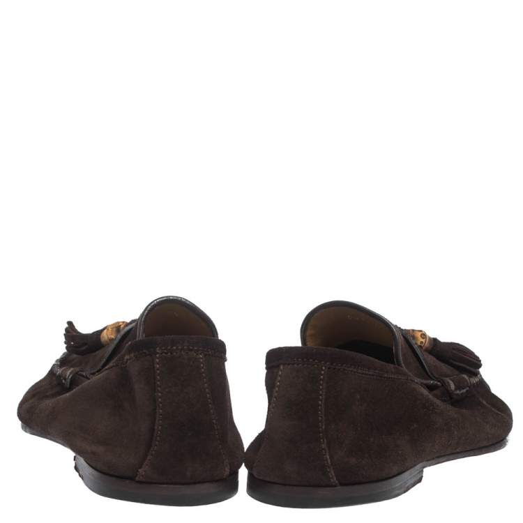 Pre Owned Gucci Brown Suede Leather Bamboo Tassel Slip On Loafers Size 43.5