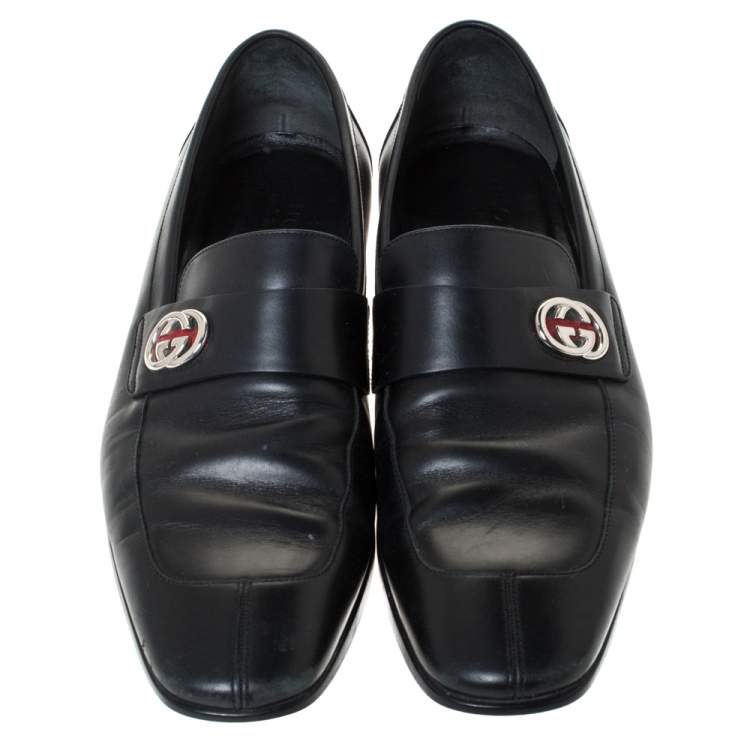 Pre Owned Gucci Black Leather GG Slip On Loafers Size 43