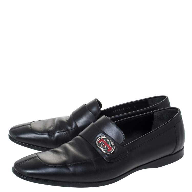Pre Owned Gucci Black Leather GG Slip On Loafers Size 43