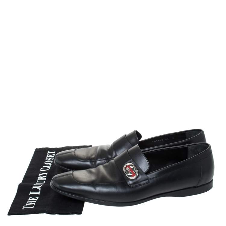 Pre Owned Gucci Black Leather GG Slip On Loafers Size 43