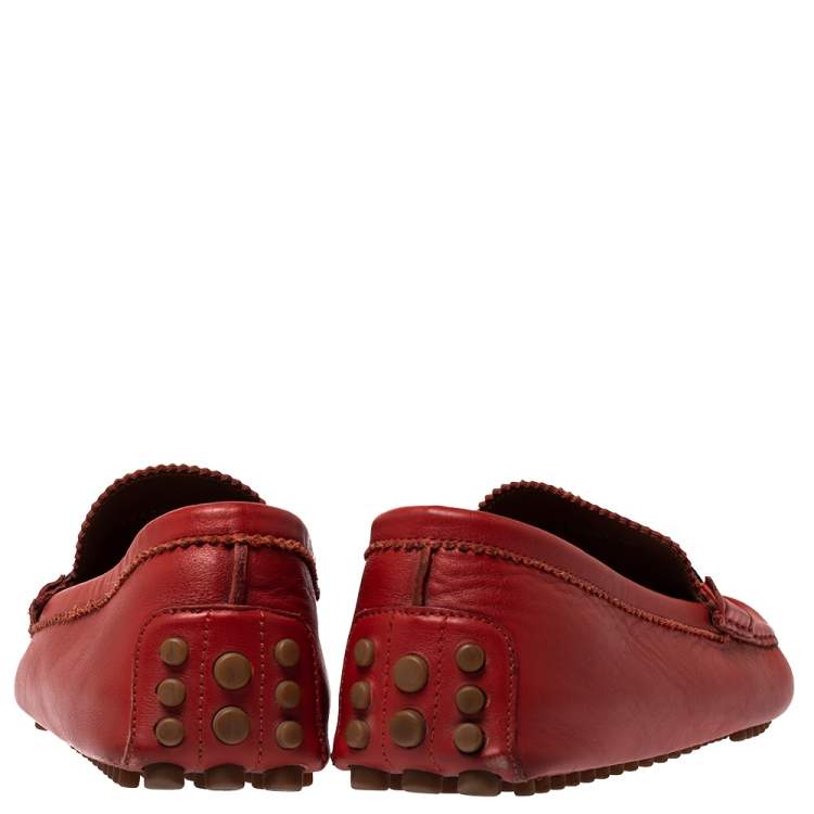 Pre Owned Gucci Brick Red Leather Web Detail Loafers Size 45