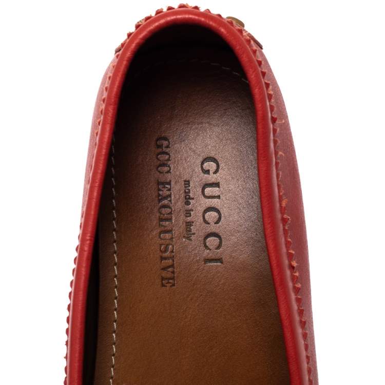 Pre Owned Gucci Brick Red Leather Web Detail Loafers Size 45