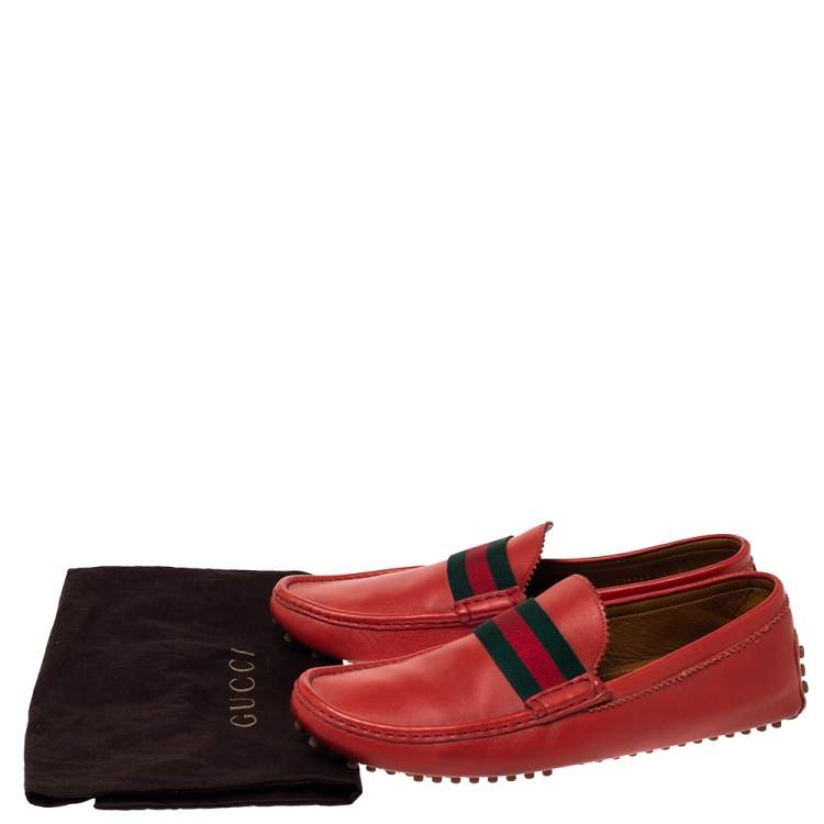 Pre Owned Gucci Brick Red Leather Web Detail Loafers Size 45