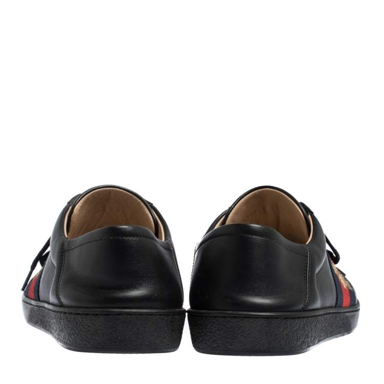 Pre Owned Gucci Black Leather Ace Web Bee Low Top Lace Up Sneakers Size 43.5