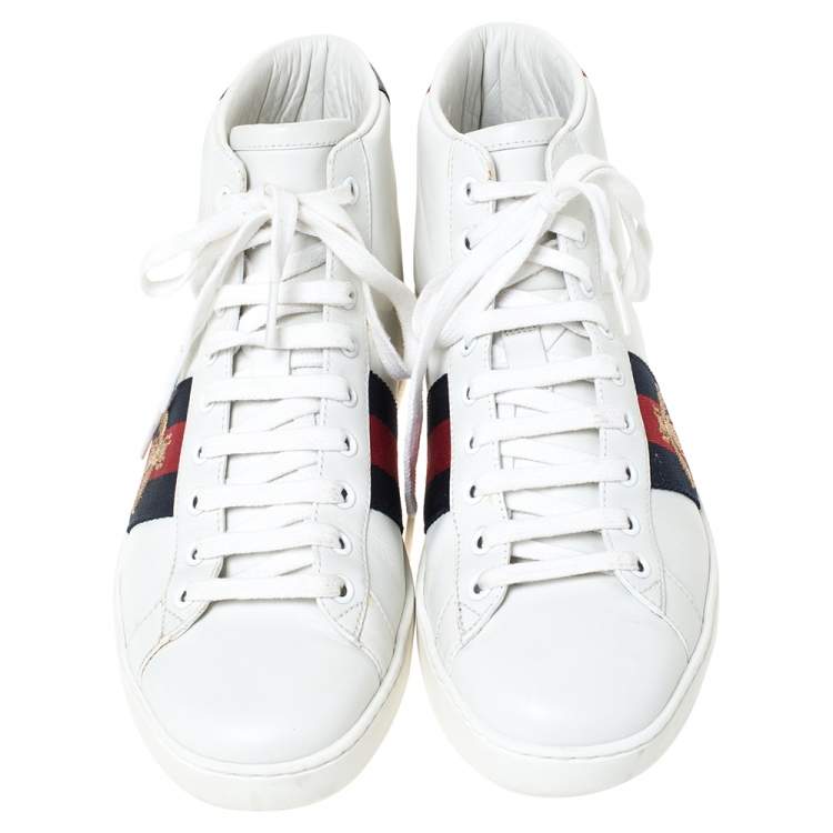Pre Owned Gucci White Leather Ace Web Bee High Top Sneakers Size 40