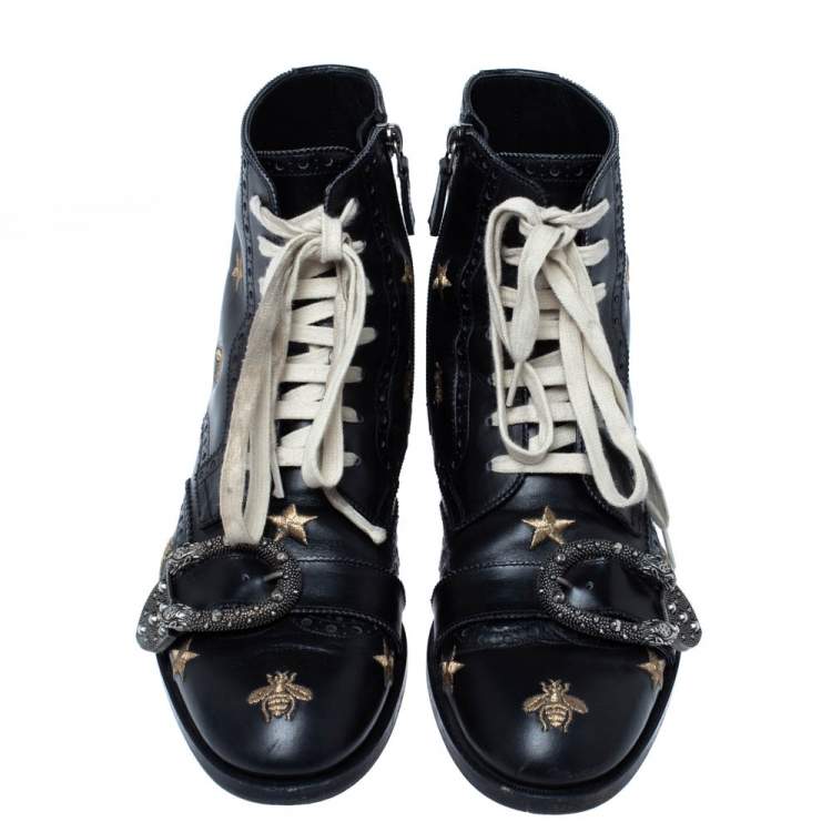 Pre Owned Gucci Black Leather Dionysus Bee Buckle Ankle Boots Size 41.5