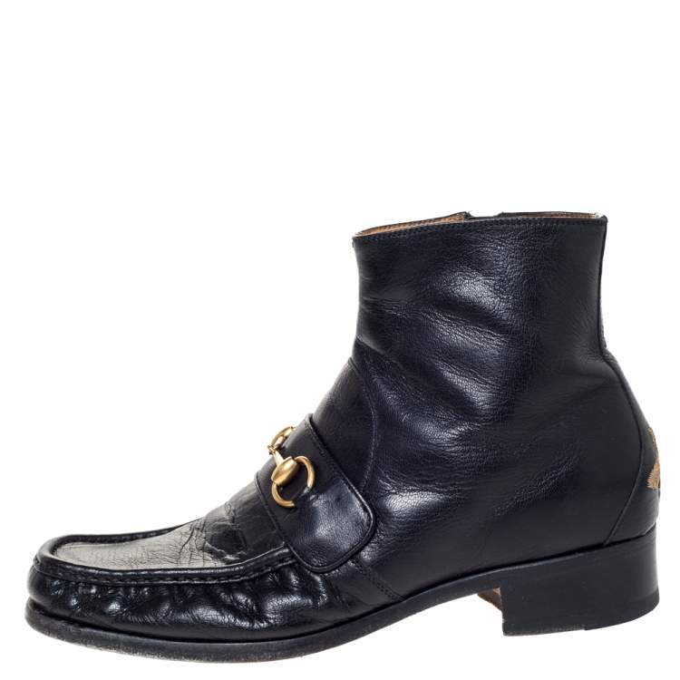 Gucci Black Leather Bee Embroidered Horse-bit Vegas Ankle Boots