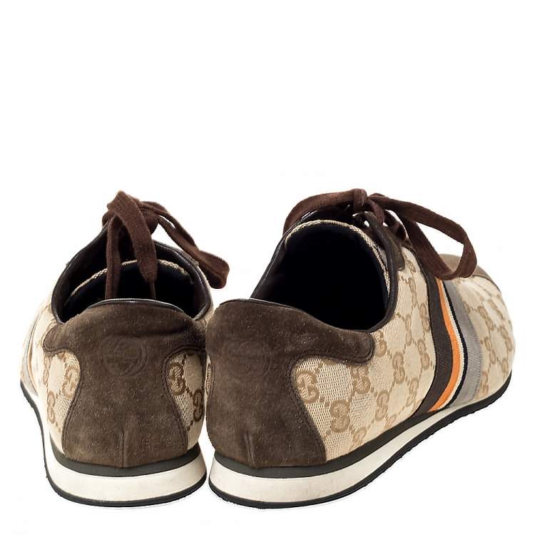 Pre Owned Gucci Beige GG Monogram Canvas and Brown Suede Web Lace Up Sneakers Size 43.5