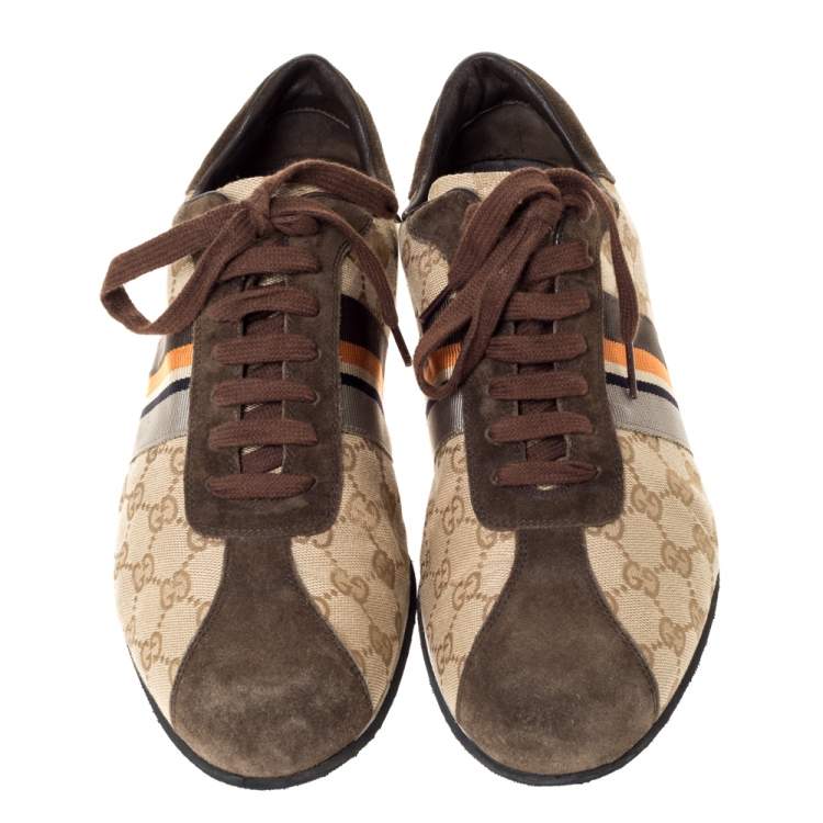 Pre Owned Gucci Beige GG Monogram Canvas and Brown Suede Web Lace Up Sneakers Size 43.5