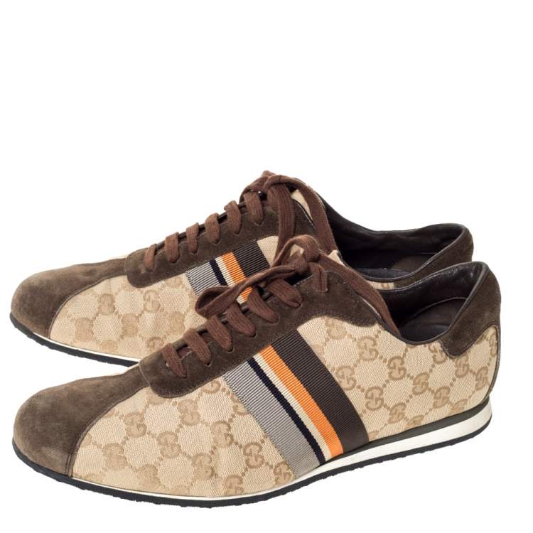 Pre Owned Gucci Beige GG Monogram Canvas and Brown Suede Web Lace Up Sneakers Size 43.5