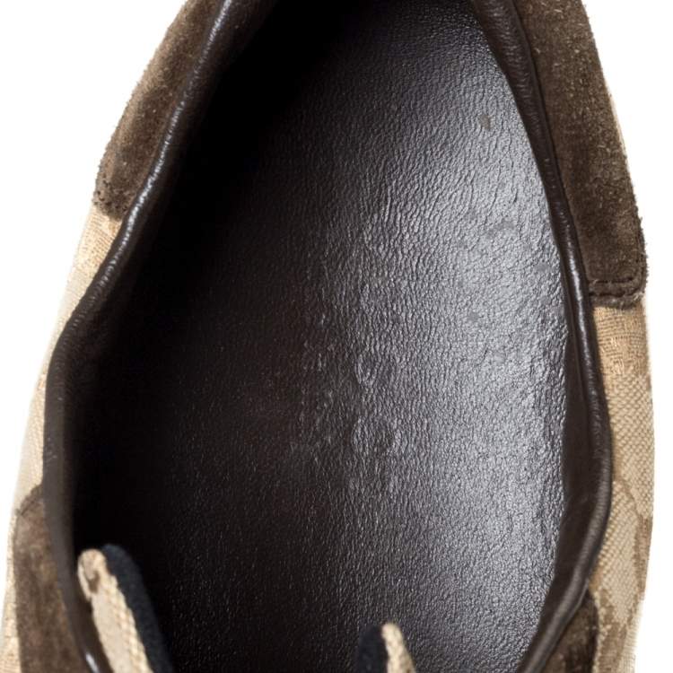 Pre Owned Gucci Beige GG Monogram Canvas and Brown Suede Web Lace Up Sneakers Size 43.5