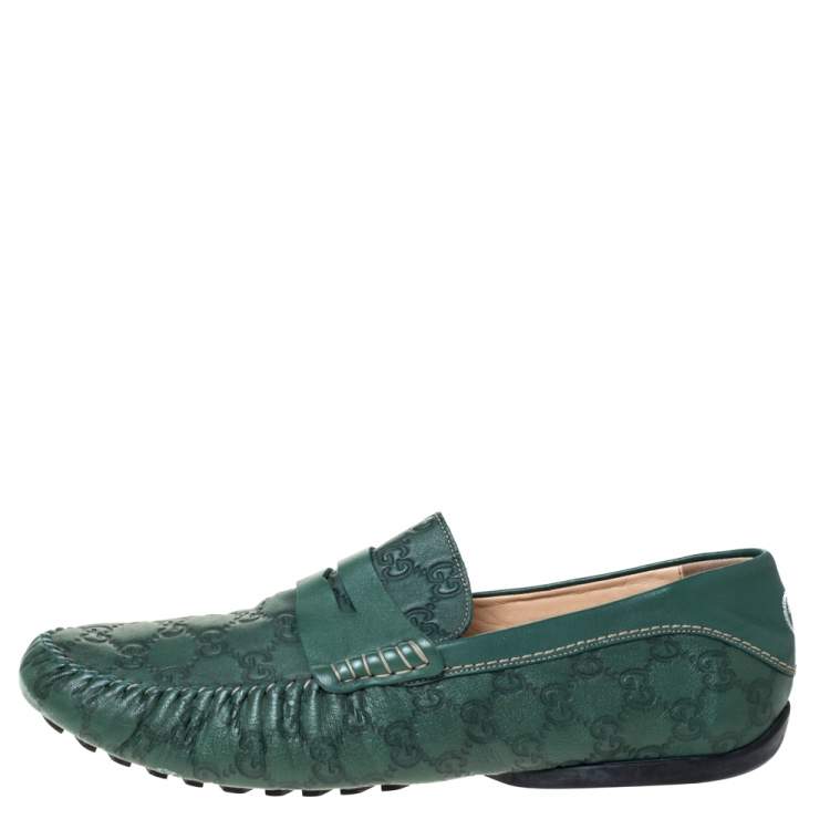 Pre Owned Gucci Green Guccissima Leather Penny Loafers Size 45