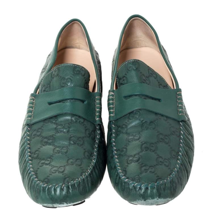 Pre Owned Gucci Green Guccissima Leather Penny Loafers Size 45