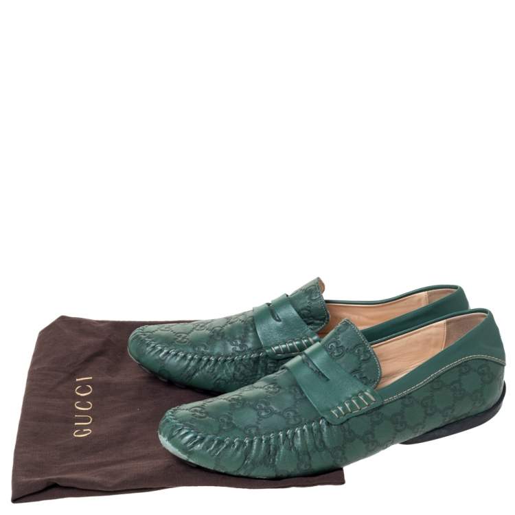 Pre Owned Gucci Green Guccissima Leather Penny Loafers Size 45