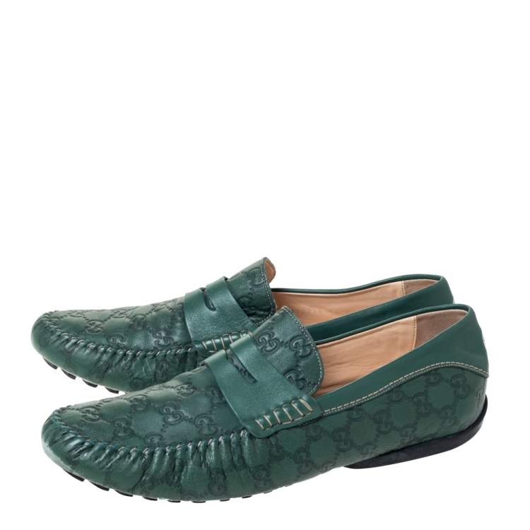 Pre Owned Gucci Green Guccissima Leather Penny Loafers Size 45