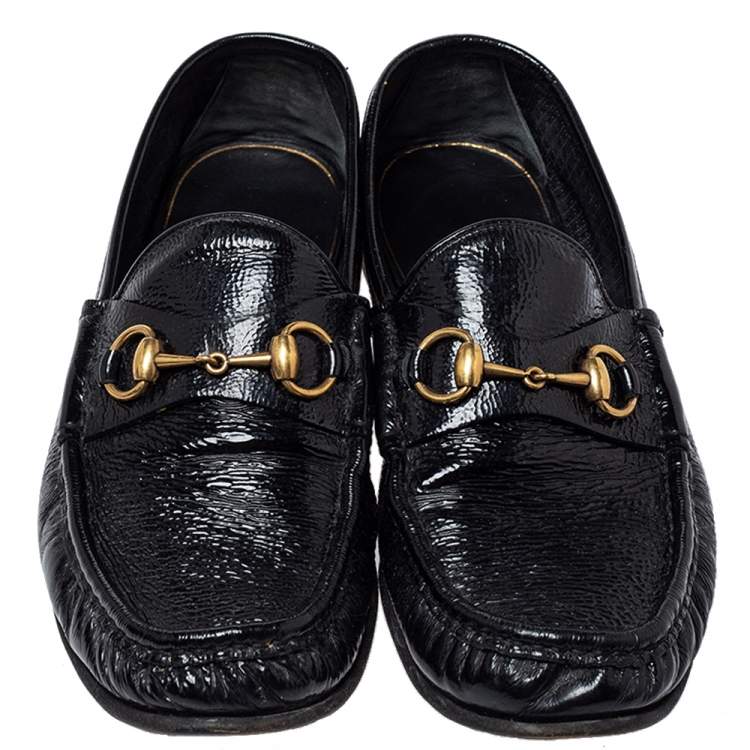 Pre Owned Gucci Black Patent Leather Horsebit Slip On Loafers Size 42.5