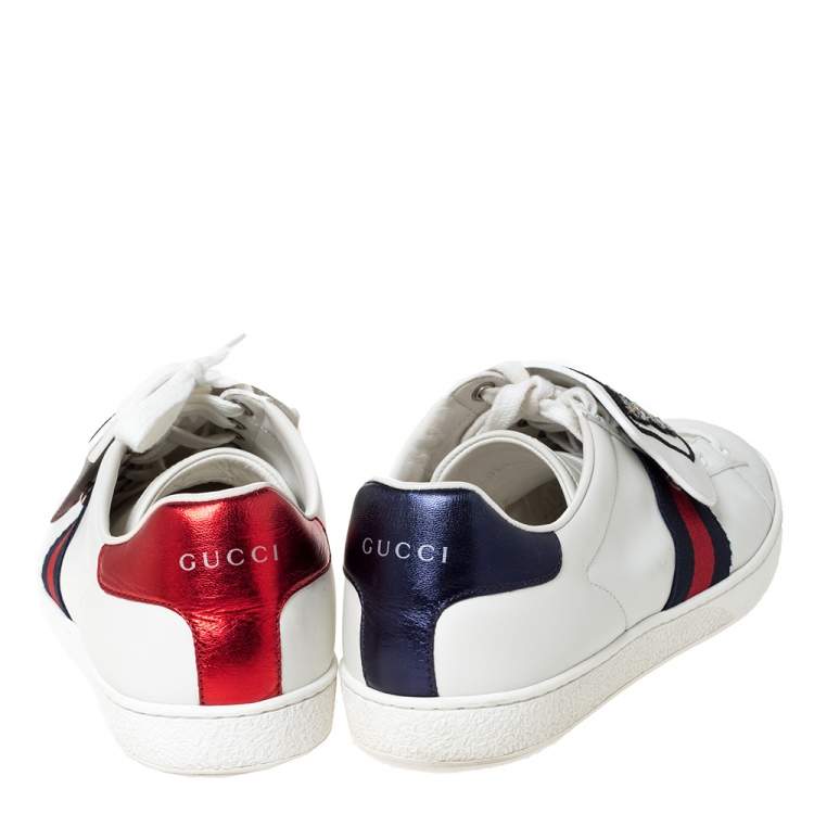 Pre Owned Gucci White Leather Ace Web Low Top Sneakers with Removable Patch Size 41