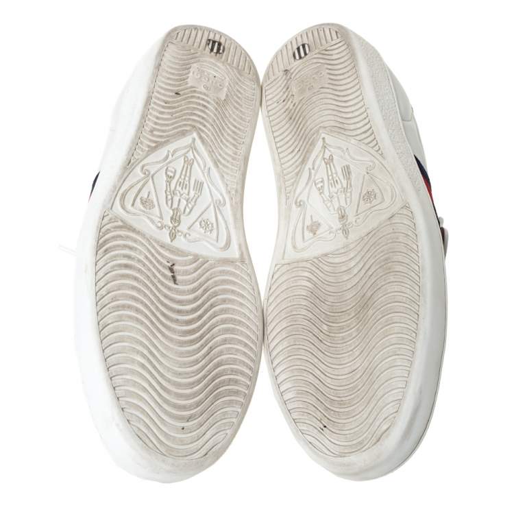 Pre Owned Gucci White Leather Ace Web Low Top Sneakers with Removable Patch Size 41