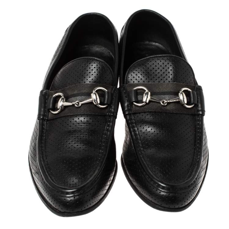 Pre Owned Gucci Black Perforated Leather Horsebit Slip On Loafers Size 45