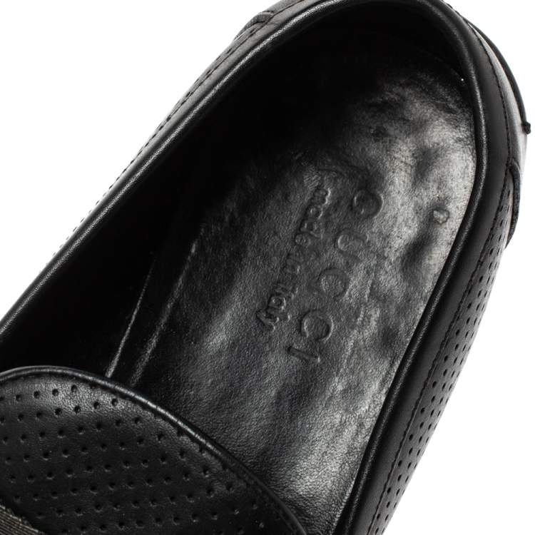 Pre Owned Gucci Black Perforated Leather Horsebit Slip On Loafers Size 45