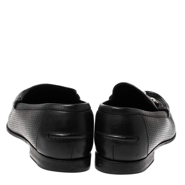 Pre Owned Gucci Black Perforated Leather Horsebit Slip On Loafers Size 45