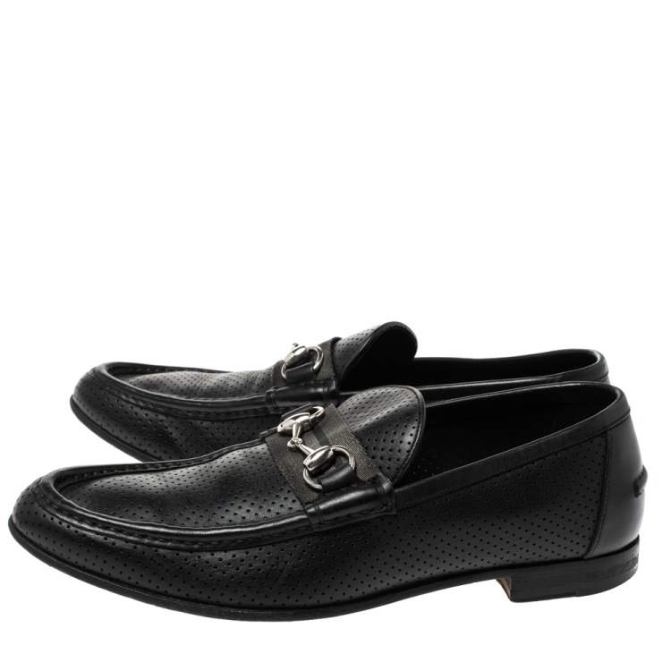 Pre Owned Gucci Black Perforated Leather Horsebit Slip On Loafers Size 45