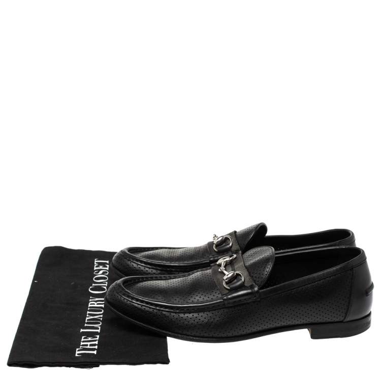 Pre Owned Gucci Black Perforated Leather Horsebit Slip On Loafers Size 45