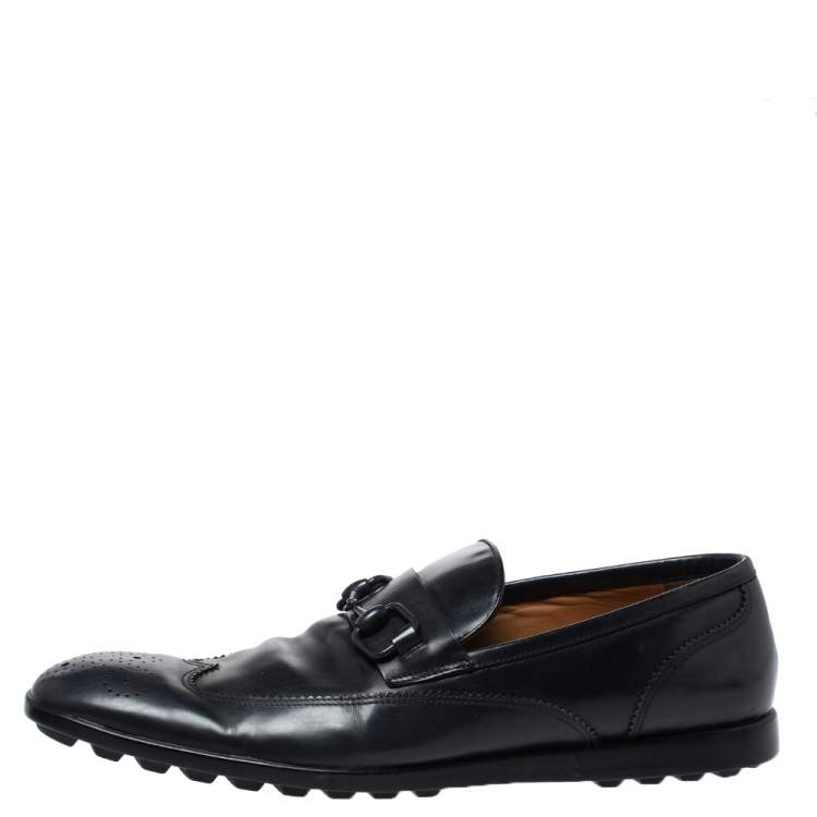 Pre Owned Gucci Dark Blue Leather Horsebit Wingtip Slip On Loafers Size 43