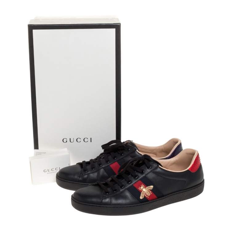 Pre Owned Gucci Black Leather Ace Web Bee Low Top Sneakers Size 45
