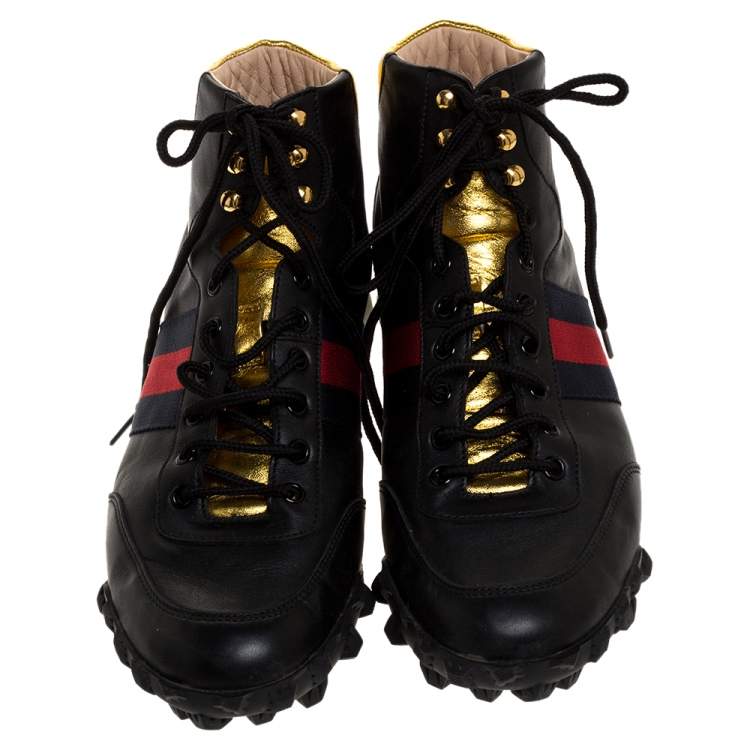 Pre Owned Gucci Black Leather Web Detail High Top Sneakers Size 42