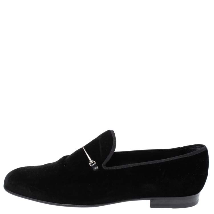 Pre Owned Gucci Black Velvet Horsebit Slip On Loafers Size 46