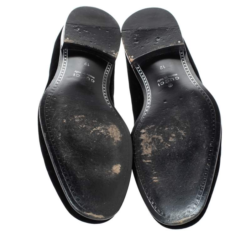 Pre Owned Gucci Black Velvet Horsebit Slip On Loafers Size 46