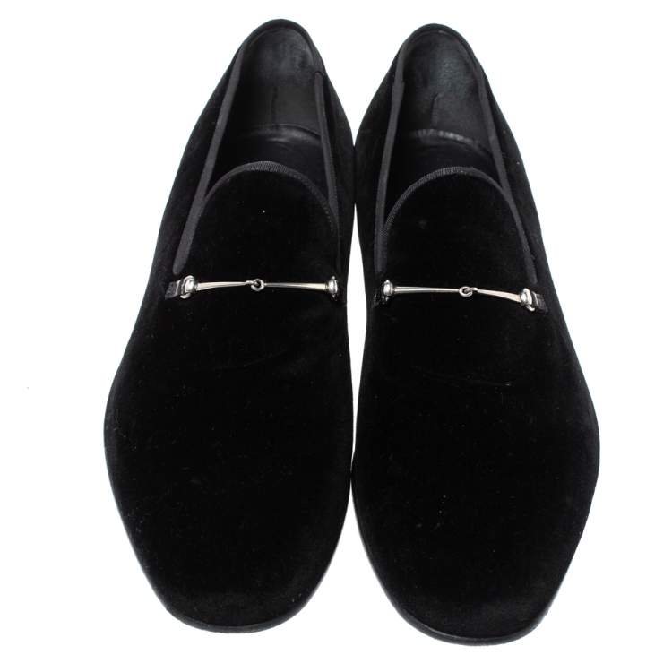 Pre Owned Gucci Black Velvet Horsebit Slip On Loafers Size 46